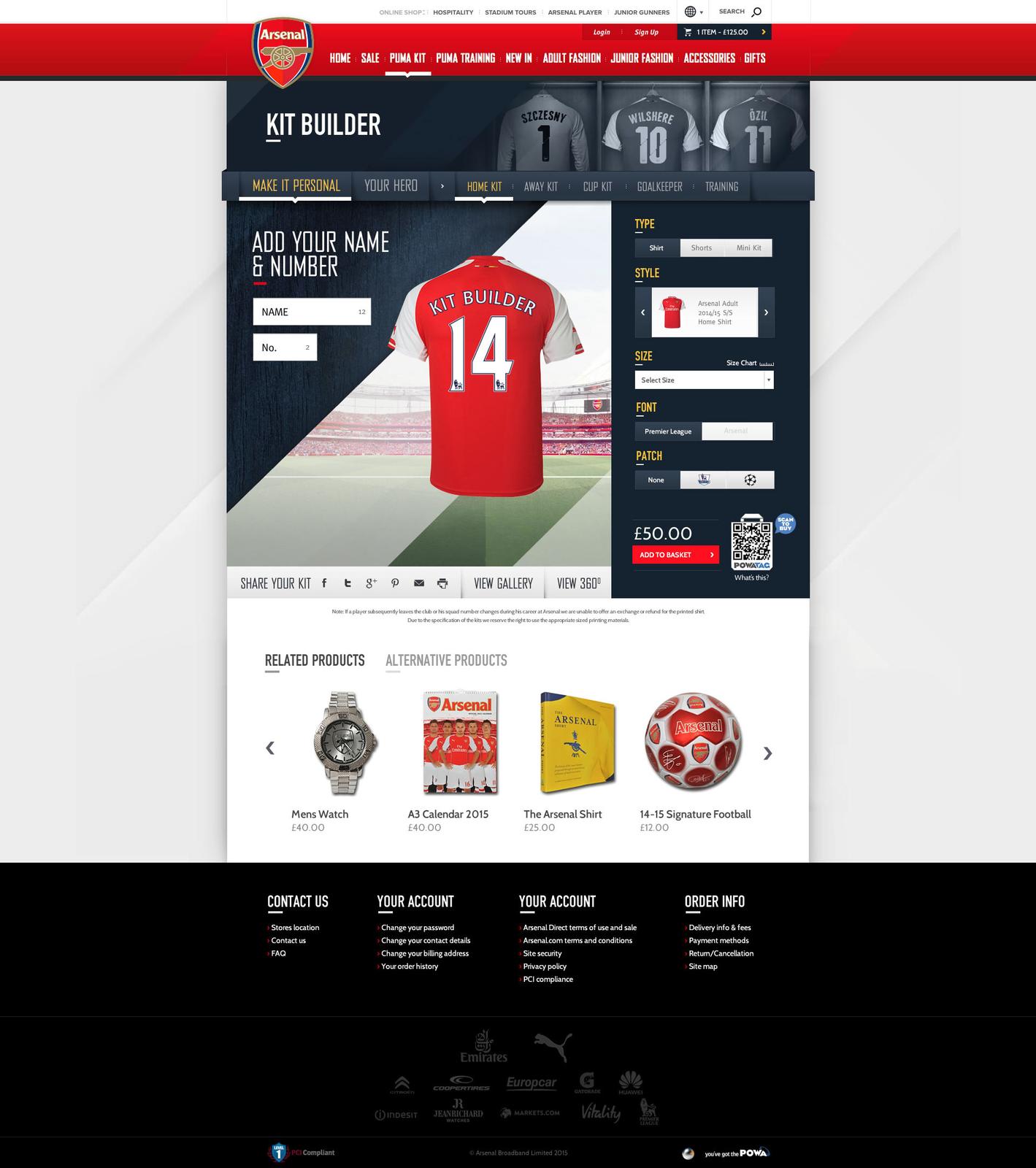 Arsenal Kit Builder, personalised shirt ordering tool