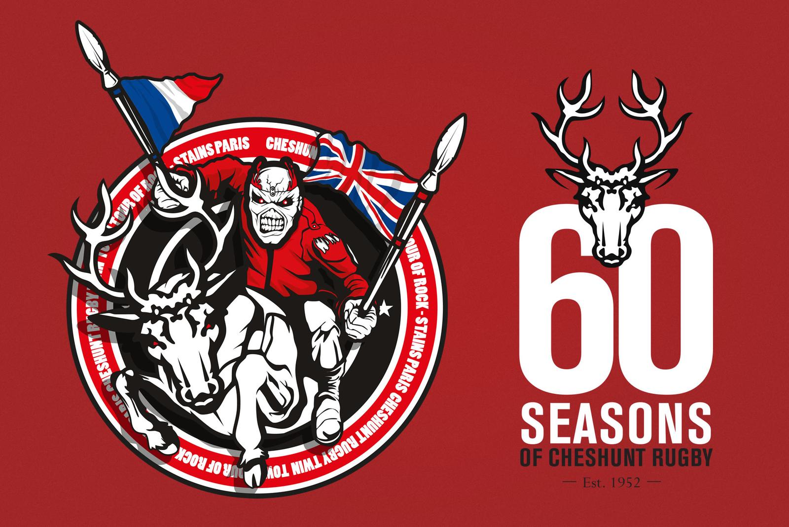60 seasons of Cheshunt Rugby badge design, featuring a stag mascot