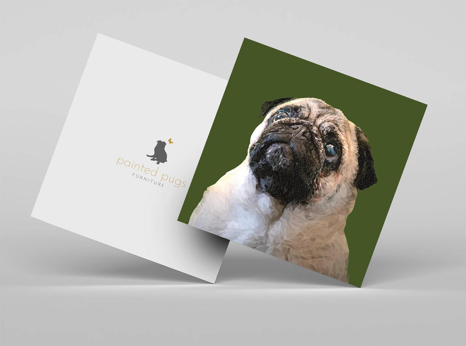 Painted Pugs Furniture logo and low-poly pug portrait, on a packaging mock-up