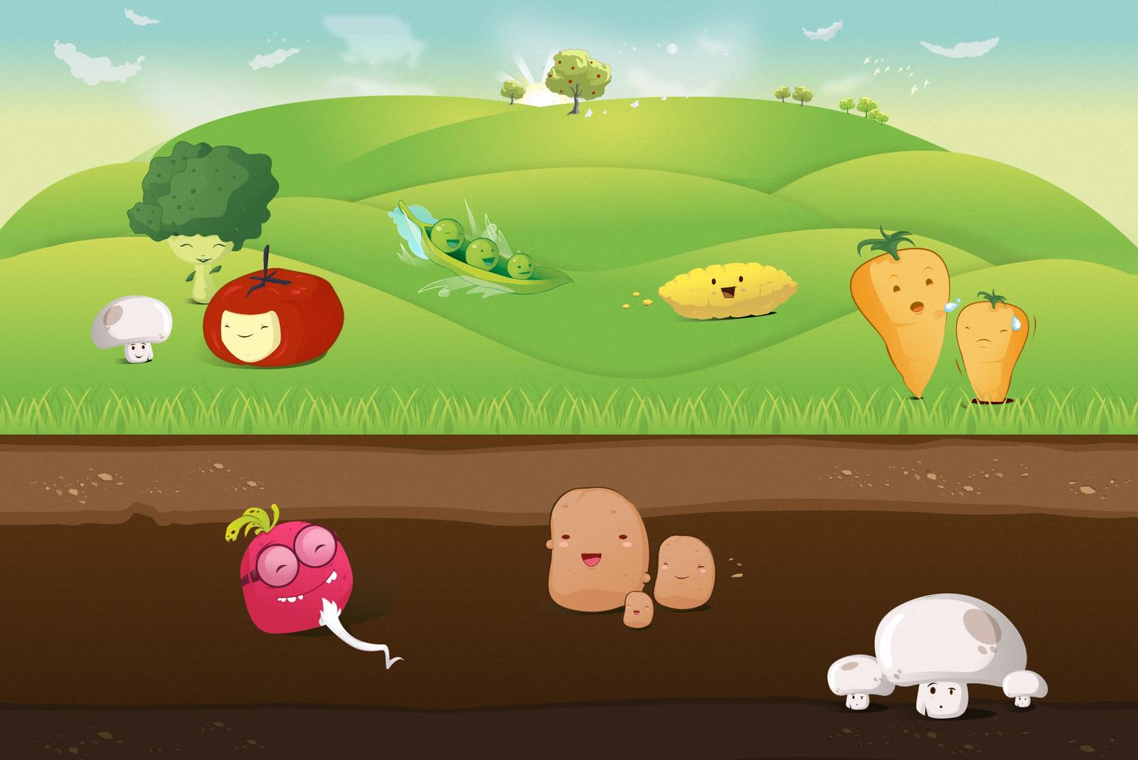 A cheerful cast of illustrated vegetable characters for a food-brand mascot concept