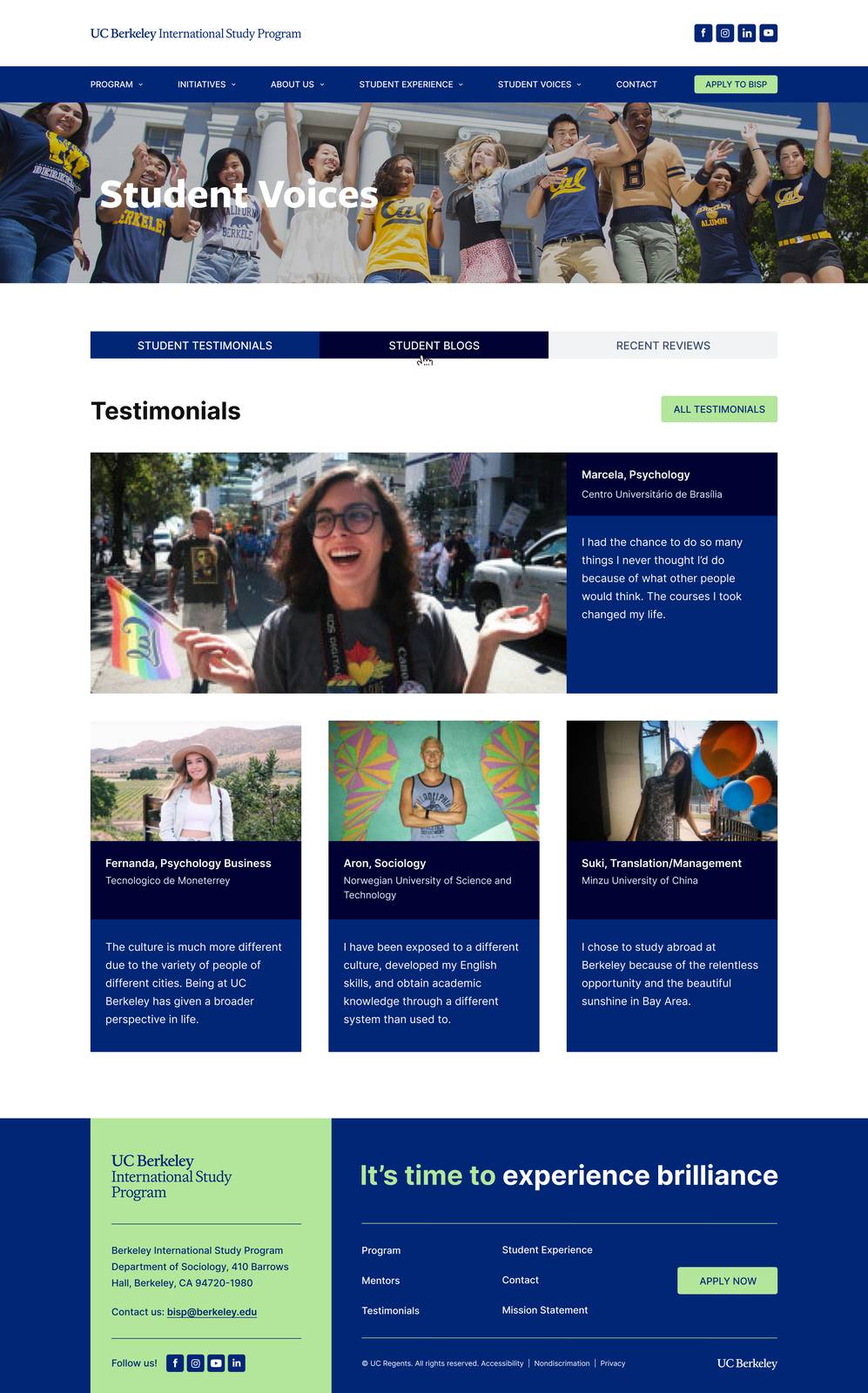 Berkeley International Study Program, Student Voices testimonials page design