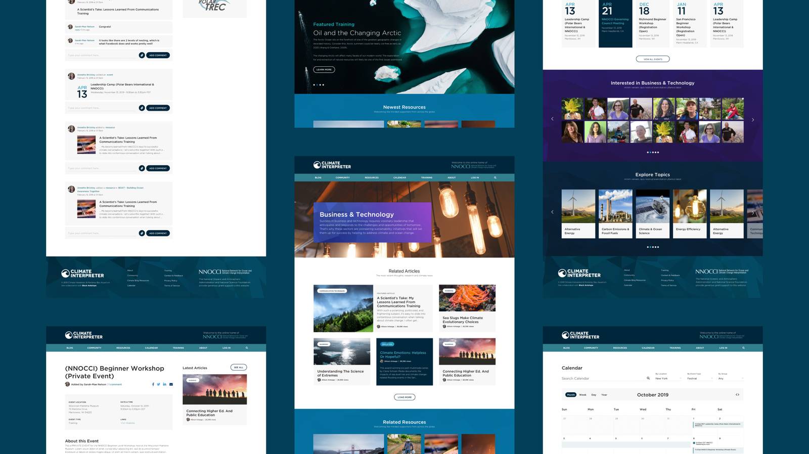 Climate Interpreter community activity feed and events calendar design