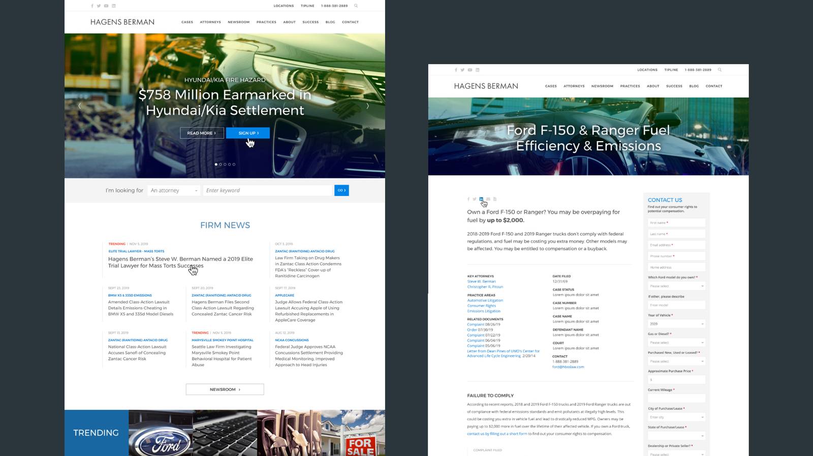 Hagens Berman homepage and case page design