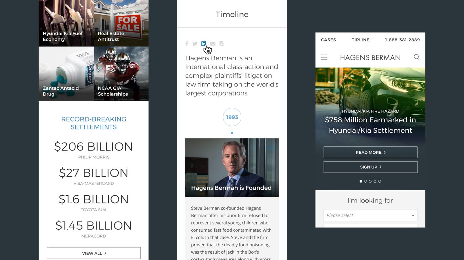 Hagens Berman mobile homepage and case timeline design