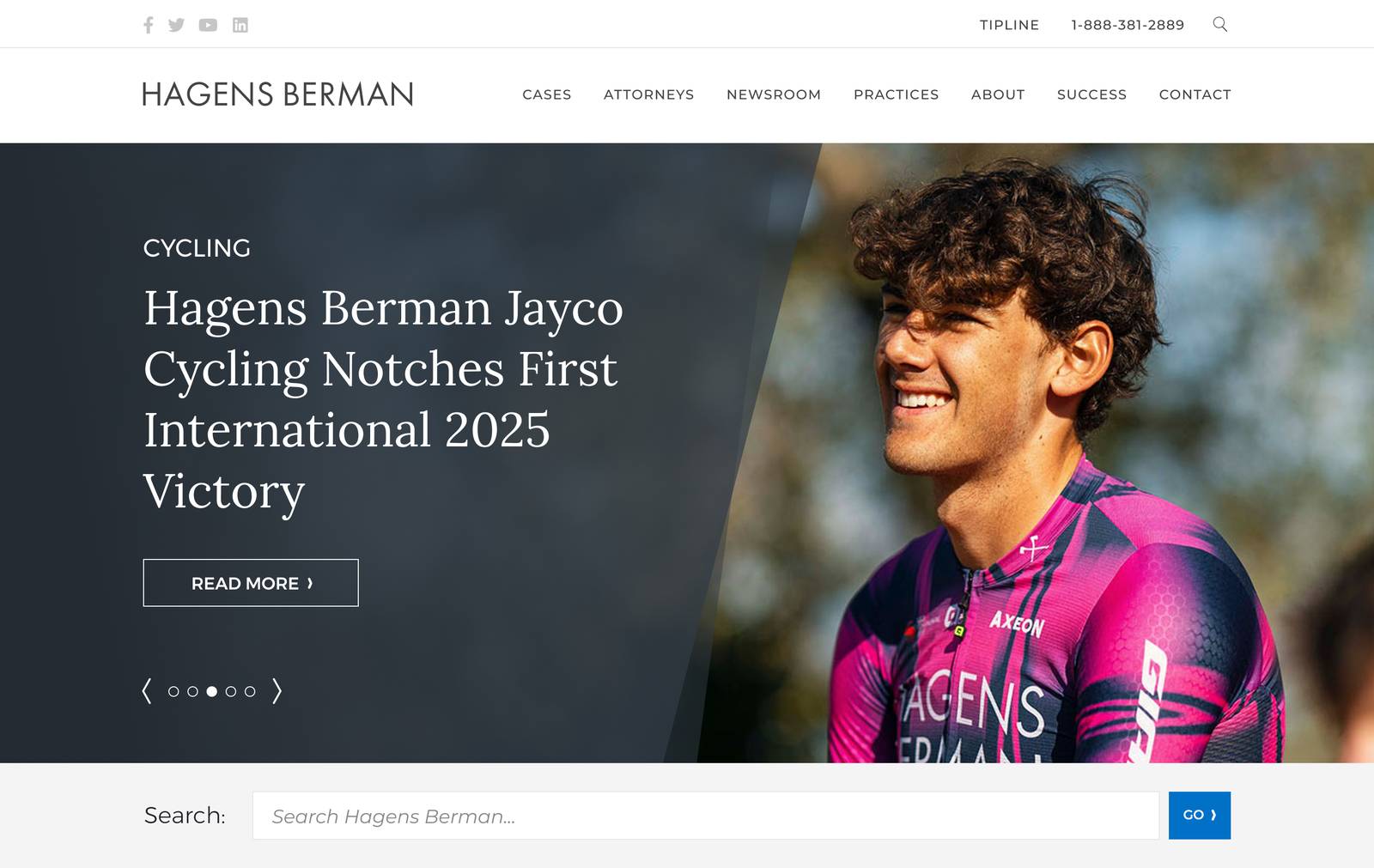 Hagens Berman homepage design, 2025 update with a new pink and navy palette