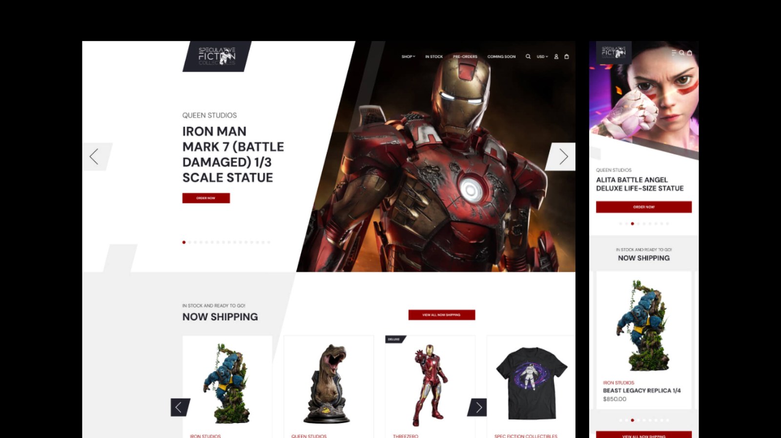 Spec Fiction Shop homepage redesign, desktop hero carousel and mobile view