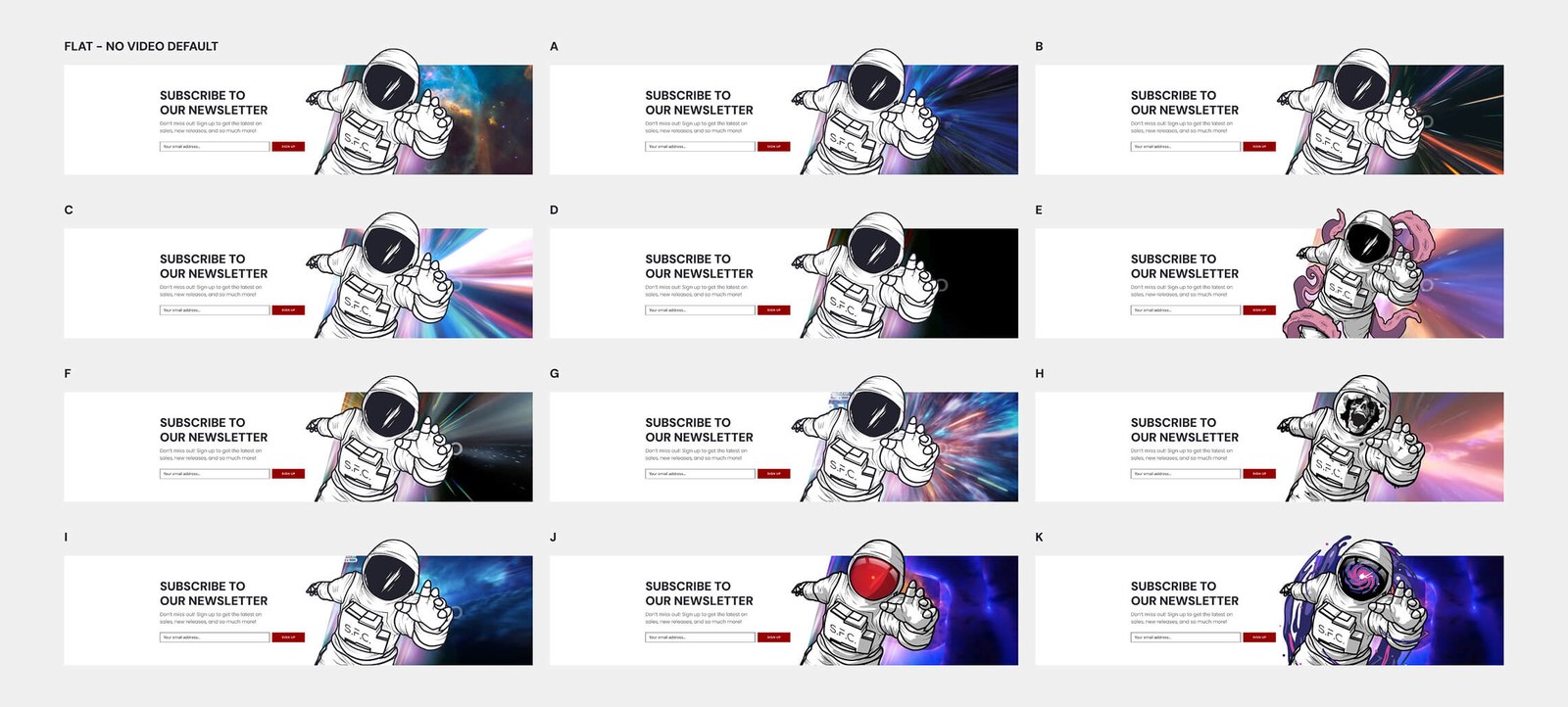 Early newsletter banner concept designs exploring the astronaut mascot against different backgrounds and colour treatments