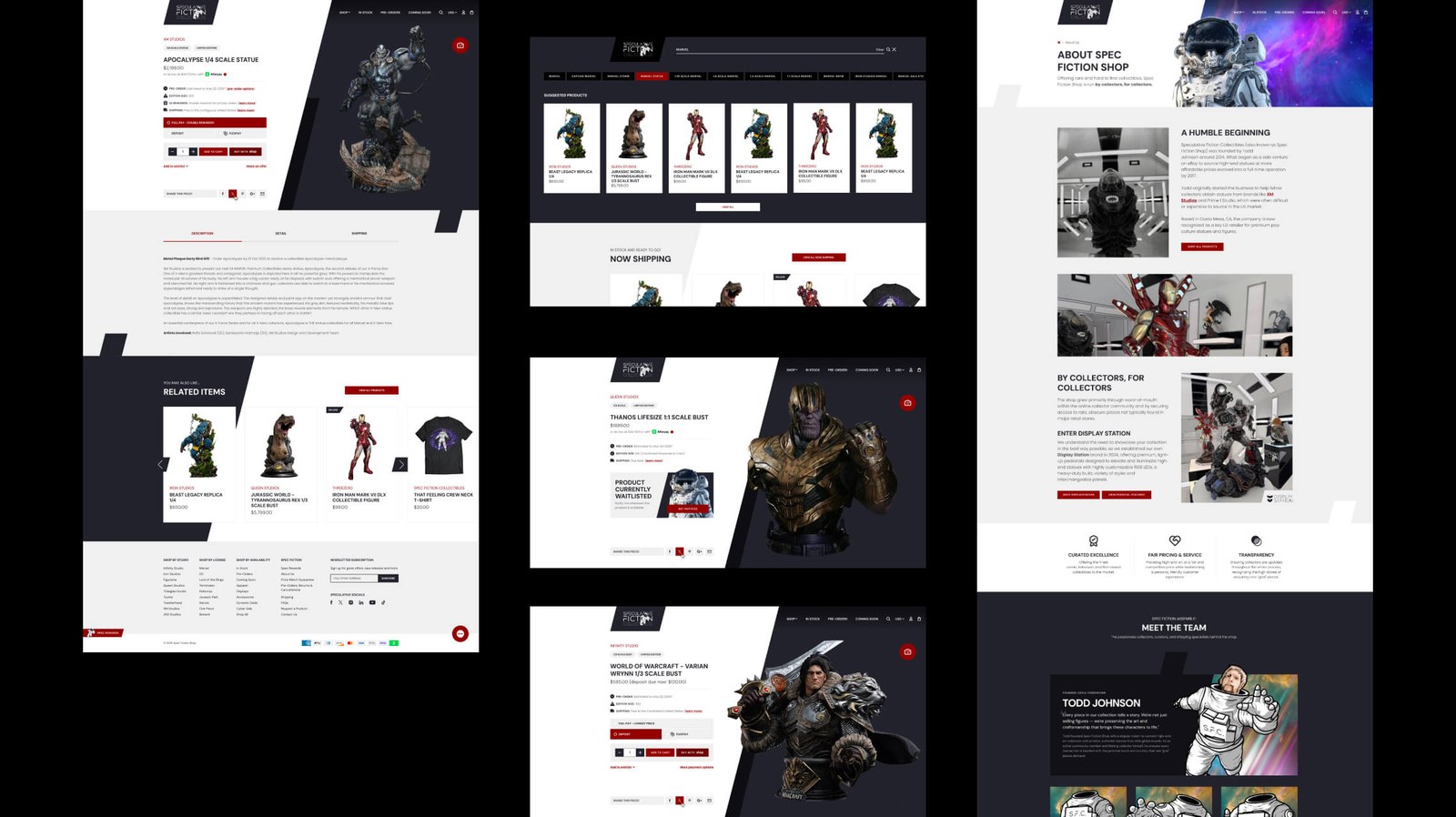 Spec Fiction Shop product detail page, search results and about page, showing consistent transparent product cut-outs