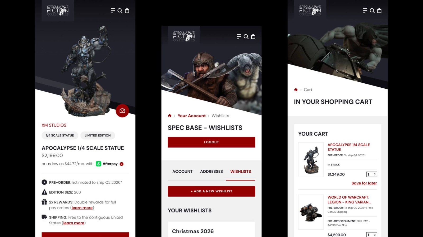 Spec Fiction Shop mobile product page, wishlist and shopping cart design