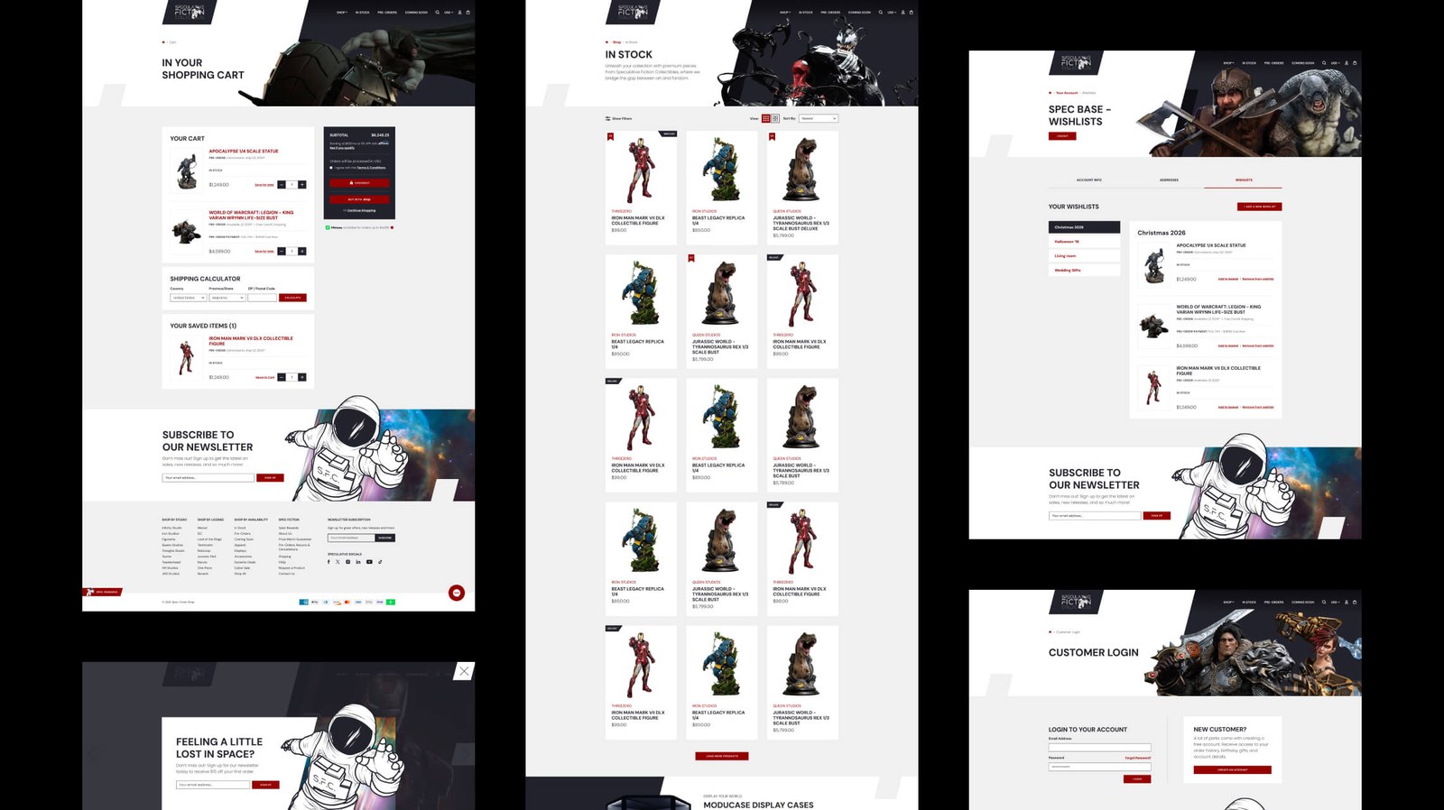 Spec Fiction Shop desktop shopping cart, in-stock collection grid, wishlists and login pages