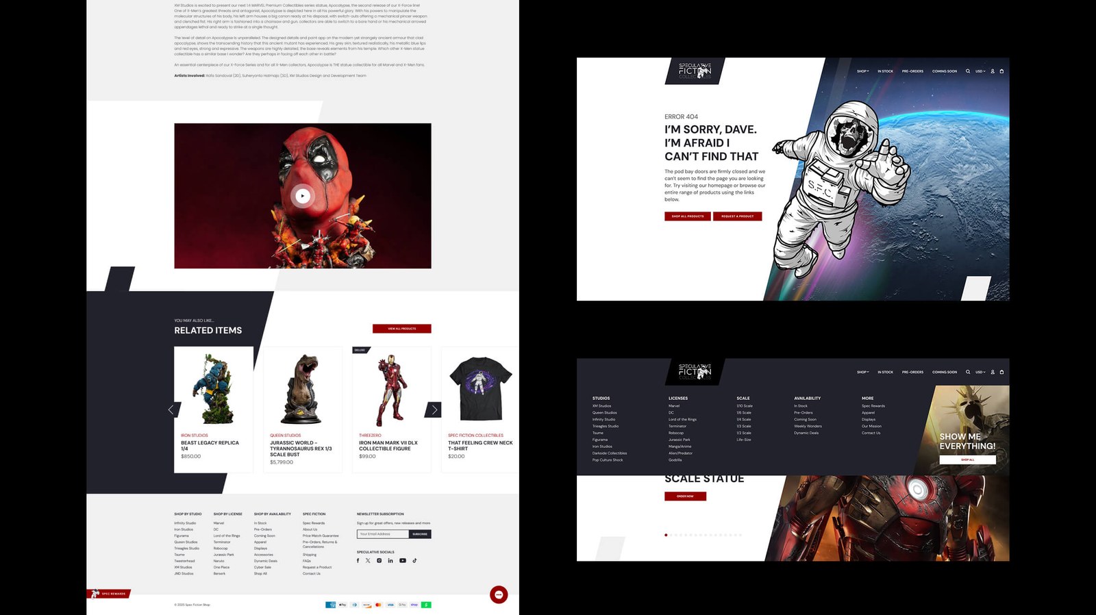 Spec Fiction Shop product description page with embedded video, 404 page and footer mega-menu