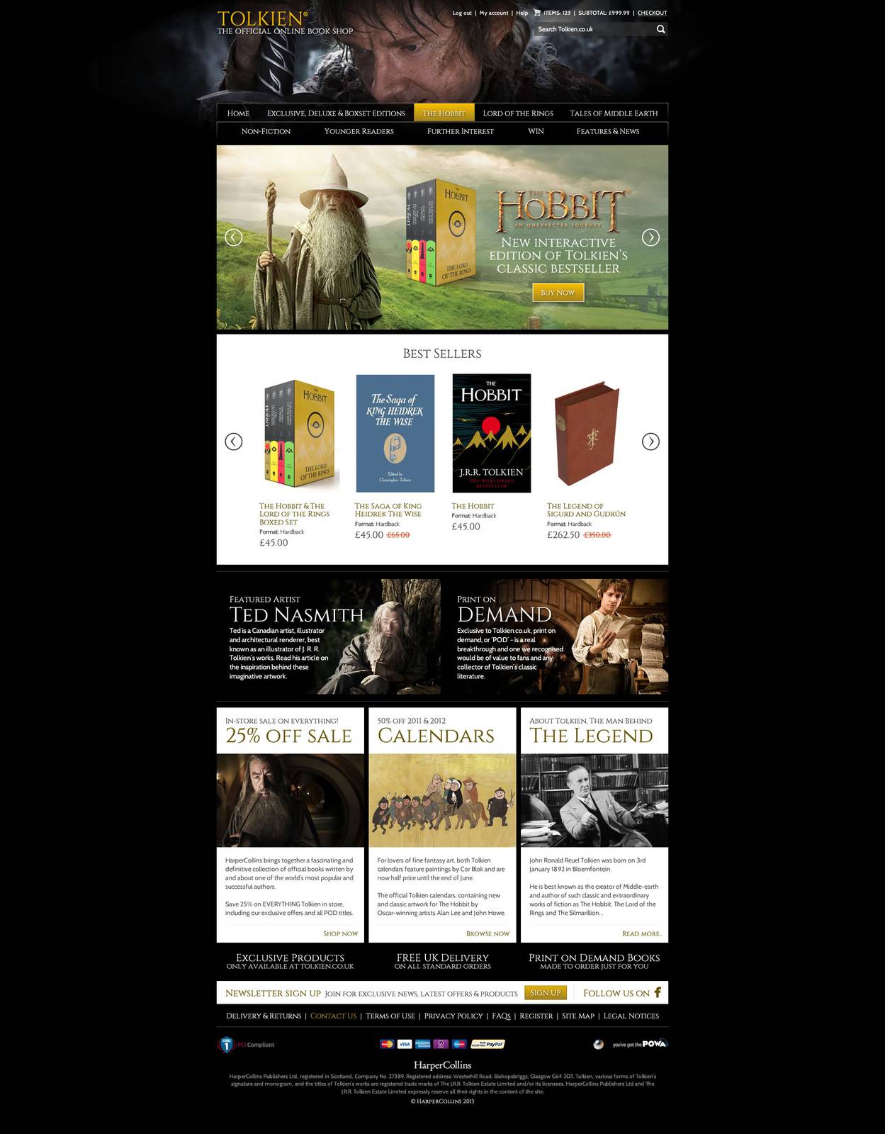 Tolkien Online homepage design with hero carousel and featured content