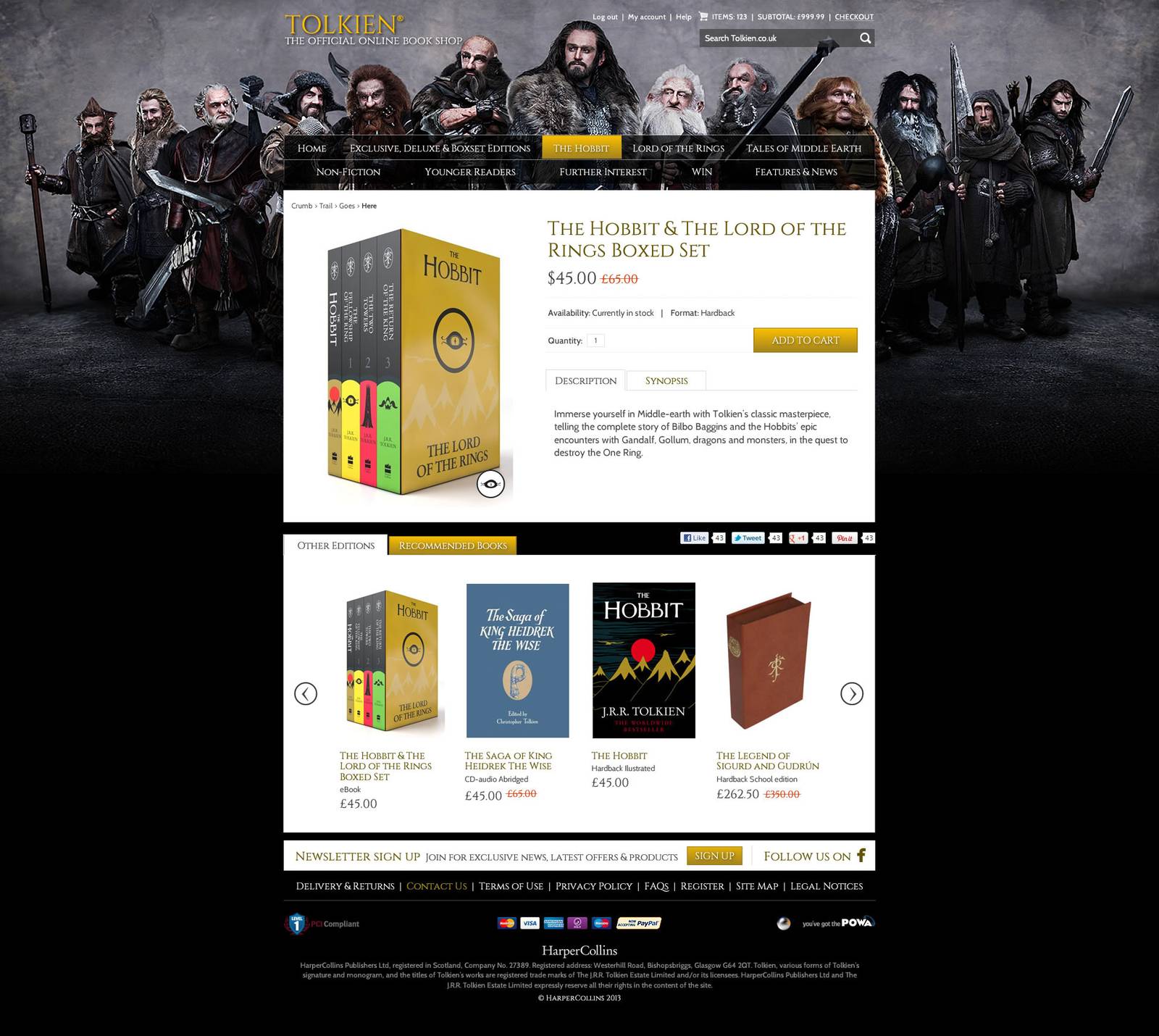 Tolkien Online product page design for The Hobbit and Lord of the Rings boxed set