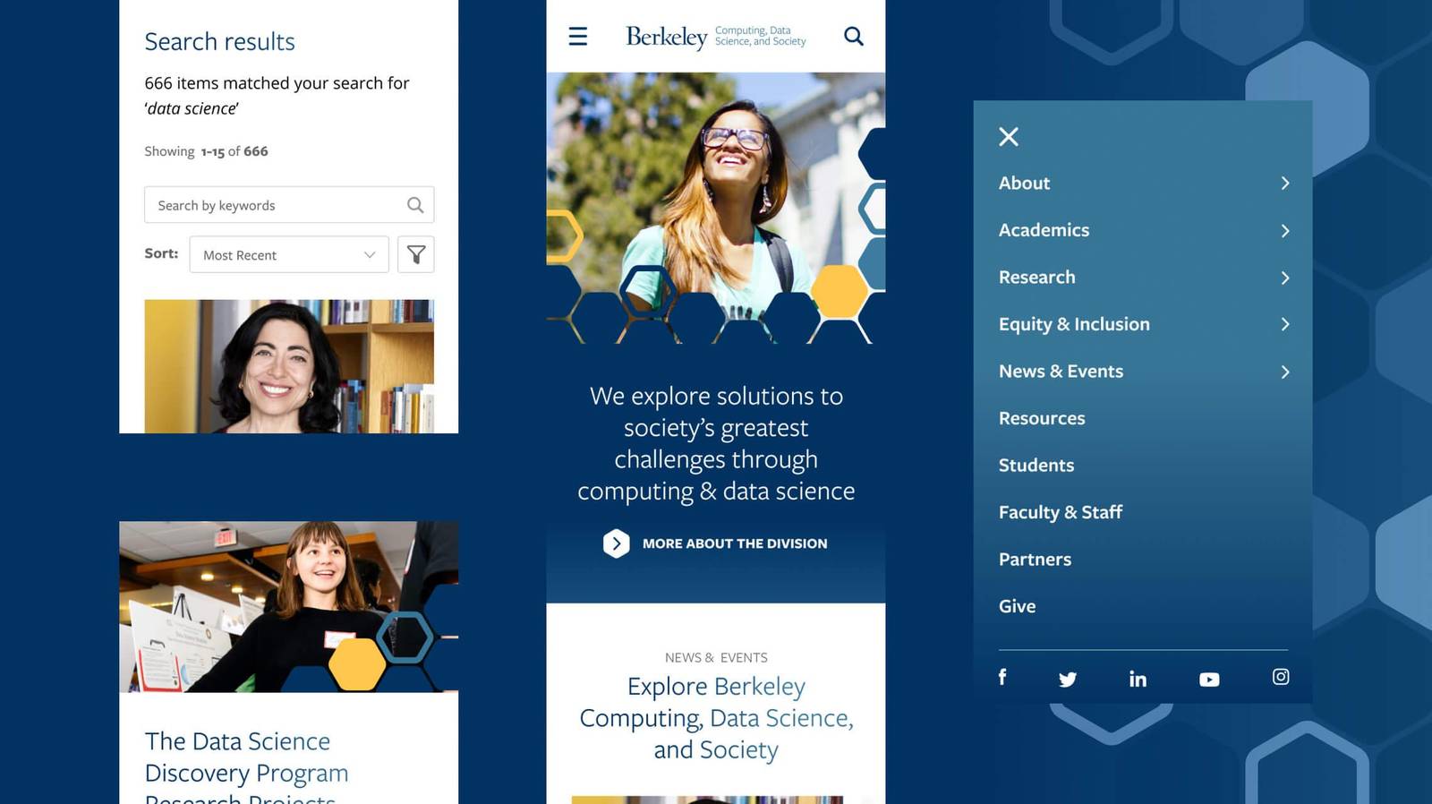 UC Berkeley CDSS mobile search results and navigation menu design