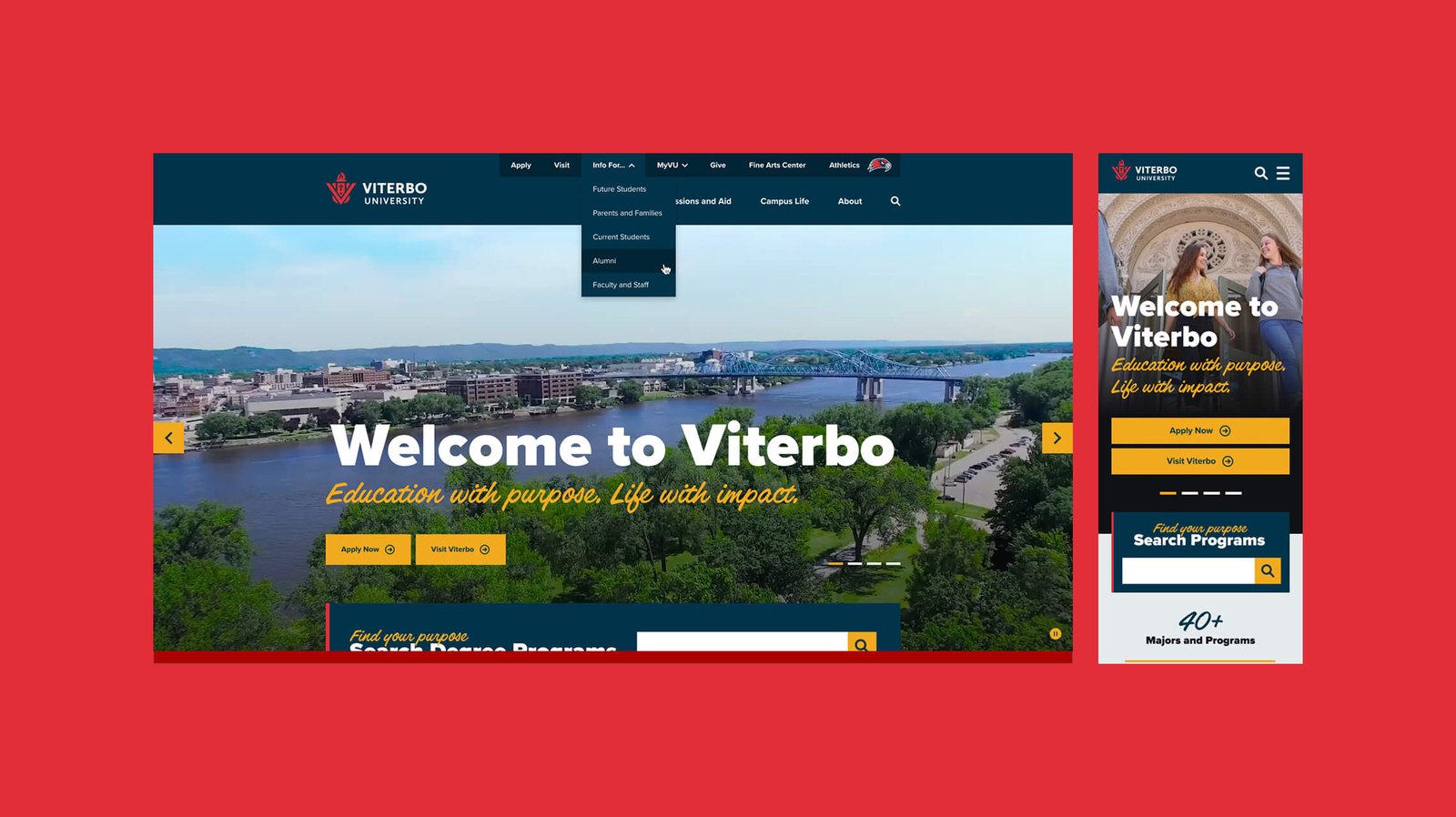 Viterbo University homepage design, desktop and mobile