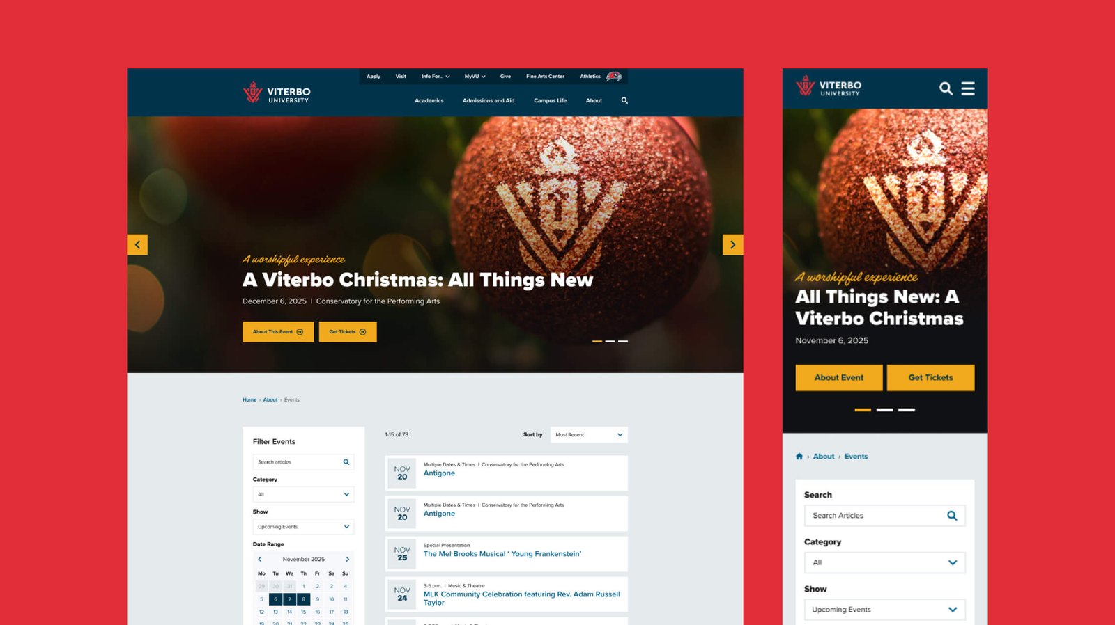 Viterbo University events listing page, desktop and mobile