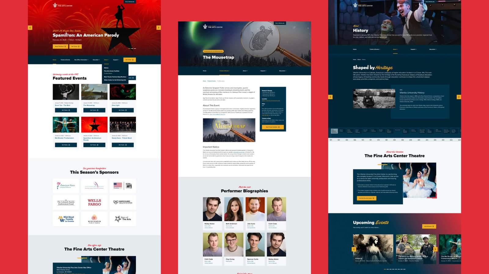 Viterbo University Fine Arts Center microsite design, events and history pages