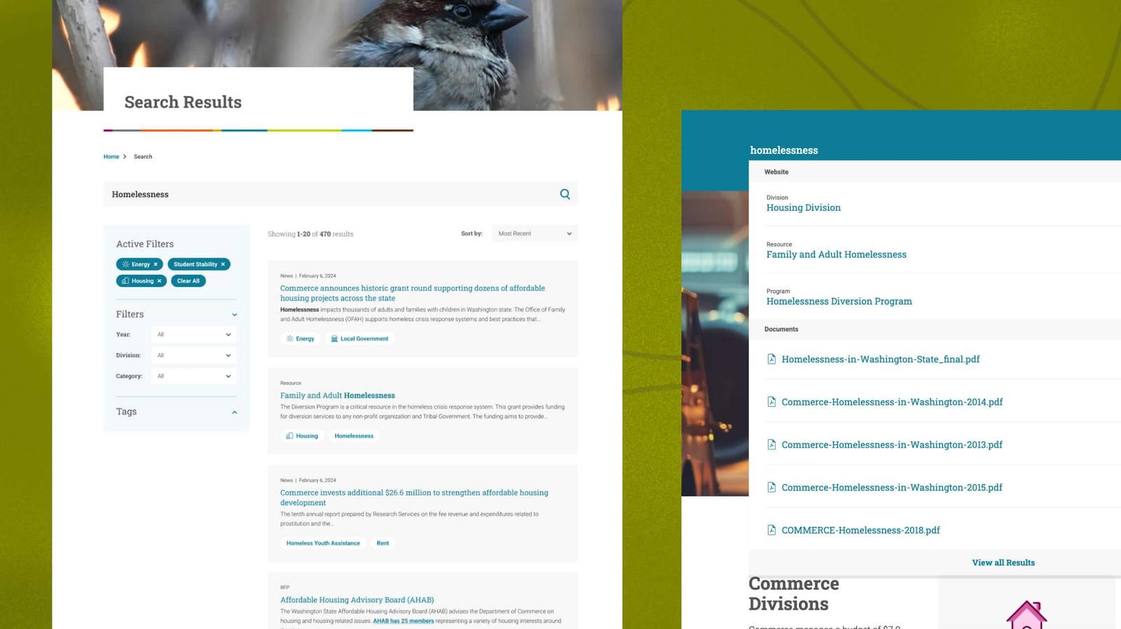 Washington State Commerce search results design, with filters and related documents